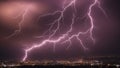 lightning in the night A lightning storm over a city at night, creating a dramatic and futuristic scene.