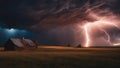 lightning in the night A stormy sky with bright lightning threatens a small wooden house in a golden field.