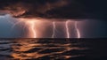 lightning in the ocean _A dramatic scene of a lightning storm over the sea at sunset, creating a contrast of light and dark Royalty Free Stock Photo