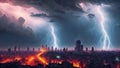 Lightning over the ruined city. AI Generative