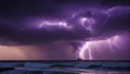 lightning over the sea A powerful and destructive tornado over the sea, with multiple lightning bolts striking around it.