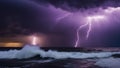 lightning over the sea A powerful and destructive tornado over the sea, with multiple lightning bolts striking around it.