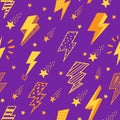 Lightning pattern. Seamless print with cartoon thunderbolt clipart elements of various shapes, electric power and