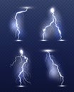 Lightning realistic. Energy glow special weather storm effects power electricity strike vector 3d symbols Royalty Free Stock Photo