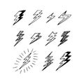 lightning set hand drawn doodle, vector. icon, sticker. Royalty Free Stock Photo