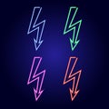 Lightning sign, set of symbol electrical voltage from glowing blue, red, pink and green neon luminescence lines on classic blue Royalty Free Stock Photo