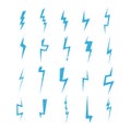 Lightning silhouette. Lightning bolt icon. Set of blue thunderbolt silhouettes.