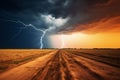 Lightning in the sky over a field and a dirt road. Summer thunderstorm with lightning strikes and dramatic clouds. Generative AI