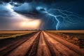 Lightning in the sky over a field and a dirt road. Summer thunderstorm with lightning strikes and dramatic clouds. Generative AI