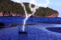 Lightning into the spread sea water. Royalty Free Stock Photo