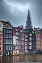 Lightning storm in Amsterdam. Spring night discharges of electricity are hitting directly into the tower of the city