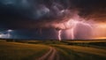 lightning in the storm A dirt path leads to a stormy sky with lightning over a golden field. Royalty Free Stock Photo