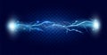 Lightning storm energy, thunder power. Blue spark, shock electric effect, bright glowing flash thunderbolt, charge light Royalty Free Stock Photo