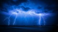 Lightning storm illuminating night sky over empty road Royalty Free Stock Photo