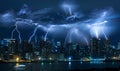 Lightning storm over city in blue light Royalty Free Stock Photo
