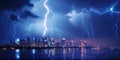 Lightning storm over city in blue light Royalty Free Stock Photo