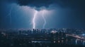 Lightning storm over city in blue light, thunder storm wrath of nature in big city