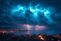 Lightning storm over city in purple light Royalty Free Stock Photo