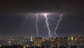 Lightning storm over the city at the summer heavy rain. Dramatic, breathtaking atmospheric natural phenomenon. Kyiv, Ukraine Royalty Free Stock Photo