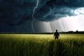 Lightning storm over corn field with silhouette figure in foreground. Royalty Free Stock Photo