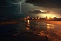 lightning storm over a deserted beach at night Royalty Free Stock Photo