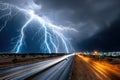 Lightning storm over highway at night Royalty Free Stock Photo