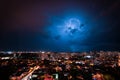 Lightning Storm Over Ribeirao Preto City in Brazil. Thunder blue light on a summer night concept image