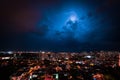 Lightning Storm Over Ribeirao Preto City in Brazil. Thunder blue light on a summer night concept image