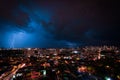 Lightning Storm Over Ribeirao Preto City in Brazil. Thunder blue light on a summer night concept image