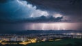 Lightning Storm Over Ribeirao Preto City in Brazil. Thunder blue light on a summer night. Royalty Free Stock Photo