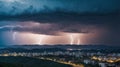 Lightning Storm Over Ribeirao Preto City in Brazil. Thunder blue light on a summer night. Royalty Free Stock Photo