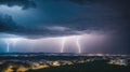 Lightning Storm Over Ribeirao Preto City in Brazil. Thunder blue light on a summer night. Royalty Free Stock Photo