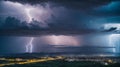 Lightning Storm Over Ribeirao Preto City in Brazil. Thunder blue light on a summer night. Royalty Free Stock Photo