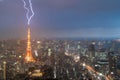 Lightning storm over Tokyo city, Japan in night with thunderbolt