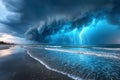 Lightning storm over a tranquil beach at sunset Royalty Free Stock Photo
