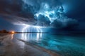Lightning storm over a tropical beach at night Royalty Free Stock Photo