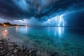 Lightning storm over tropical beach at night Royalty Free Stock Photo