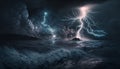 Lightning storm at sea, with a powerful and dangerous presence and a sense of raw energy and power. Generative AI Royalty Free Stock Photo