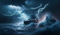 Lightning storm at sea, with a powerful and dangerous presence and a sense of raw energy and power. Generative AI Royalty Free Stock Photo