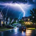 lightning storm is seen over neighborhood at night with cars driving down the