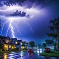 lightning storm is seen over neighborhood at night with cars driving down the