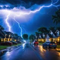 lightning storm is seen over neighborhood at night with cars driving down the