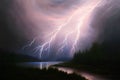 Lightning Thunderstorm On the River At Night Generative AI Royalty Free Stock Photo