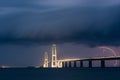 Lightning strike behind the Great Belt bridge Royalty Free Stock Photo