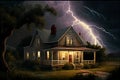 Lightning strike behind a small farmhouse. AI generated