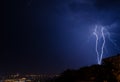 Lightning strike in the city Kyiv.. Storm outside. Thunderstorm with lightning in the city. Moment lightning Royalty Free Stock Photo