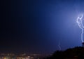 Lightning strike in the city Kyiv.. Storm outside. Thunderstorm with lightning in the city. Moment lightning Royalty Free Stock Photo