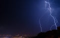 Lightning strike in the city Kyiv.. Storm outside. Thunderstorm with lightning in the city. Moment lightning Royalty Free Stock Photo