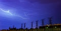 Lightning strike on electricity power lines and sub station Royalty Free Stock Photo