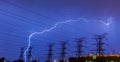 Lightning strike on electricity power lines and sub station Royalty Free Stock Photo